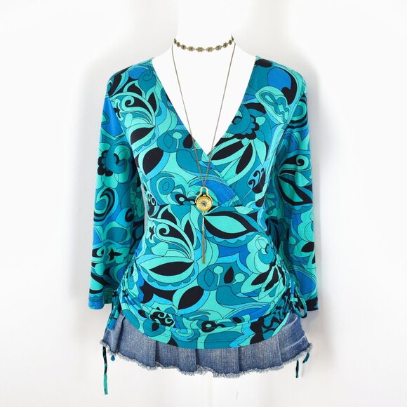 VTG 00s Y2K A. Byer Teal & Black Abstract Floral Paisley 3/4 Quarter Sleeve Top - Picture 1 of 8